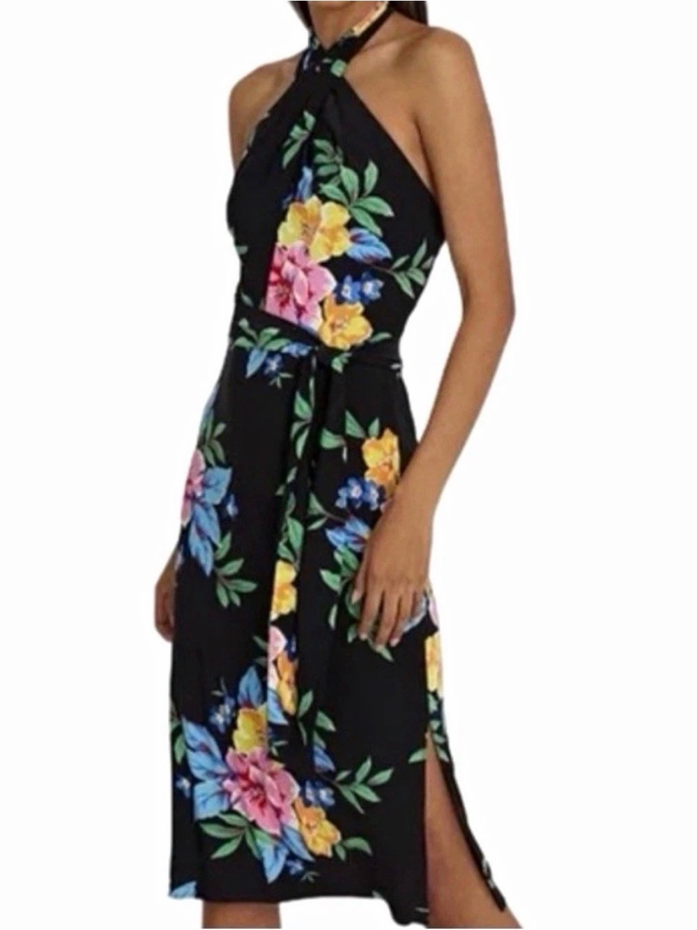 NWT Ralph Lauren Black Floral Waist Tie Halter Dress Women’s Size 4 Small